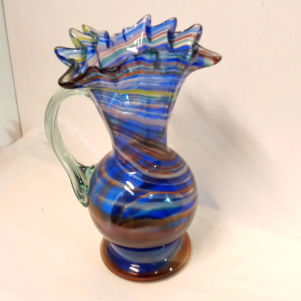 Vintage Glass Pitcher Vase Blue Swirl Budding Ruffled Rim, Murano Glass Style